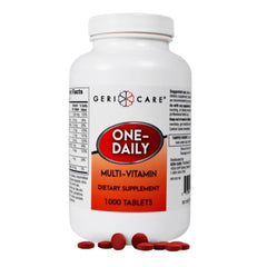 GeriCare One-Daily bottle front with label highlighting vitamins for daily wellness