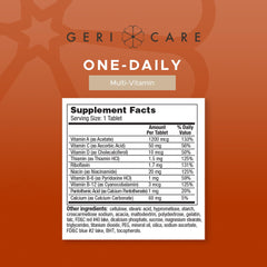 GeriCare One-Daily bottle nutrition label highlights essential vitamins for daily energy