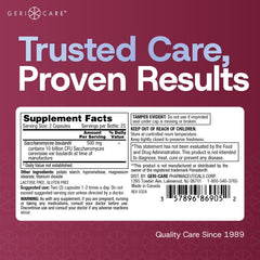 GeriCare S. boulardii packaging detail highlights freshness seal and clear benefits.