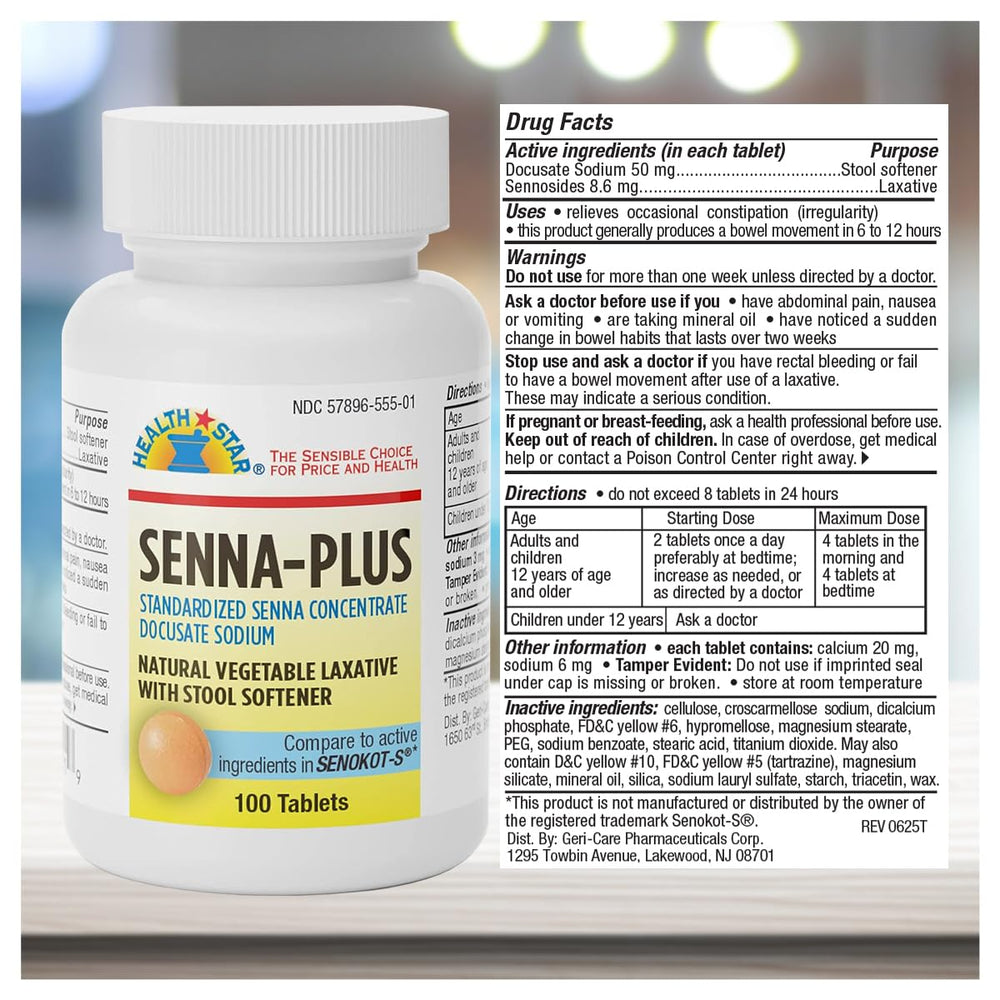 GeriCare Senna Plus pack-front showing convenient short-term relief.