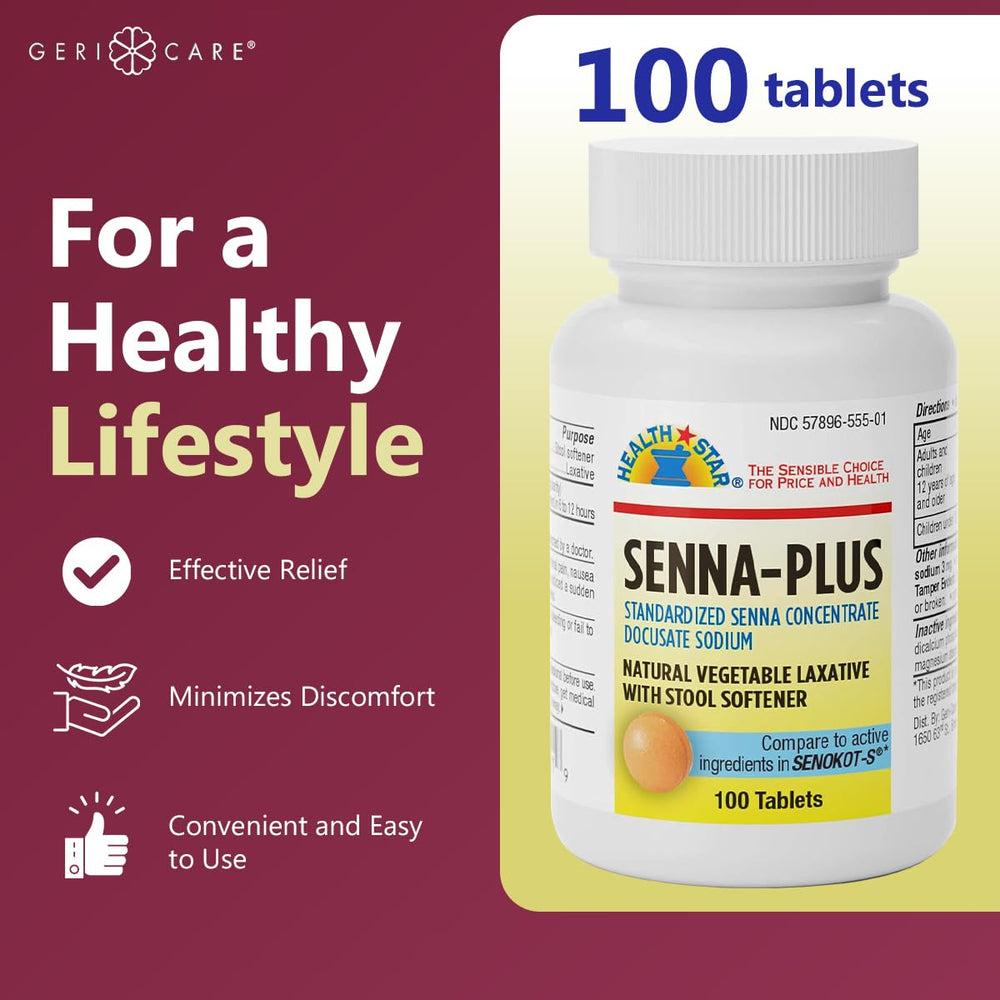 Close-up of GeriCare Senna Plus tablets, easy to swallow for adults.