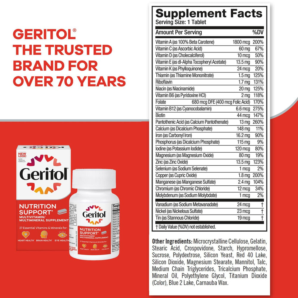 Geritol bottle-with-glass in routine setting for daily intake.