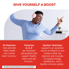 Geritol label close-up highlights gluten-free non-GMO formulation for reliable nutrition