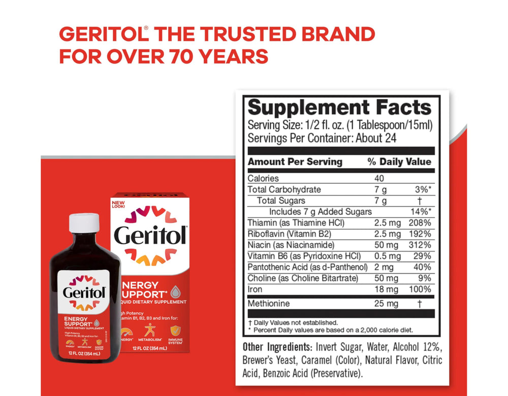 Geritol liquid adult dosing shows clear guidance for ages 12 and up.