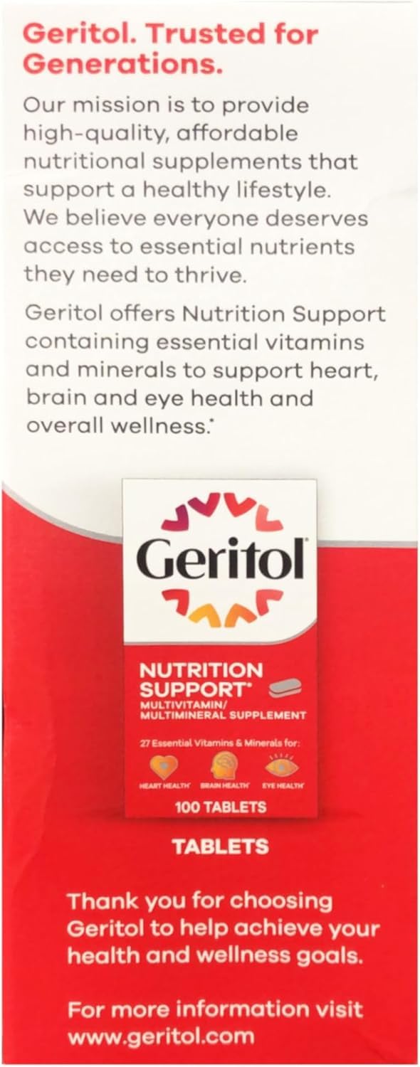 Geritol Liquid bottle label closeup highlights B-vitamins and iron content.