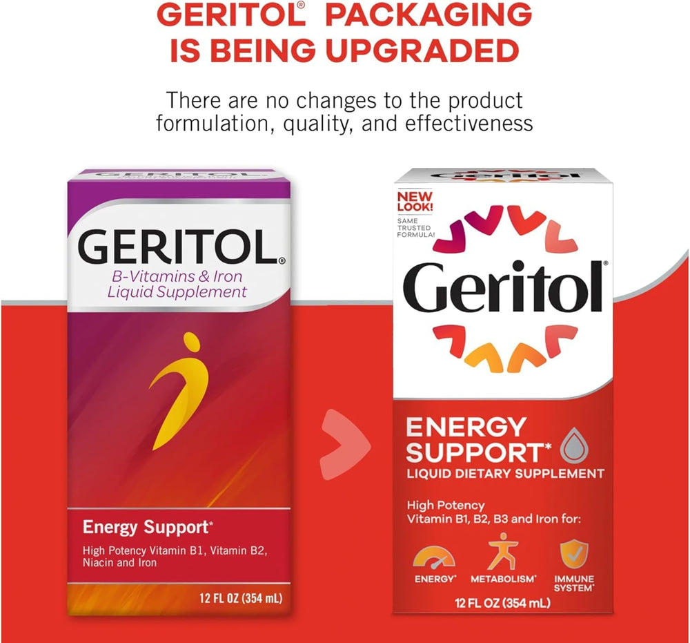 Geritol Liquid nutrition facts panel details iron and vitamin amounts.