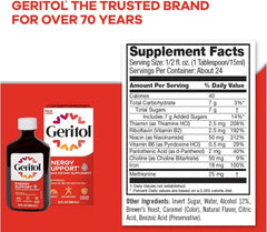 Geritol Liquid pleasant-tasting pour image conveys enjoyable daily use.