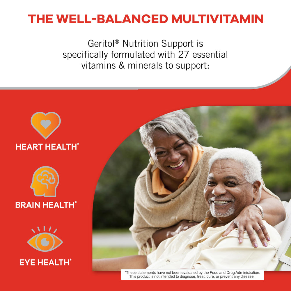 Geritol bottle label close-up shows gluten-free and non-GMO promise for daily use.