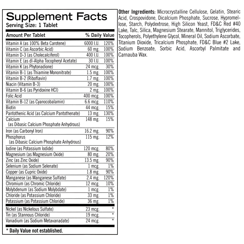 Geritol multivitamin tablet close-up highlighting compact daily dose.
