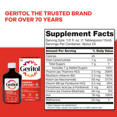 Three-pack Geritol bottles displayed on a kitchen counter.