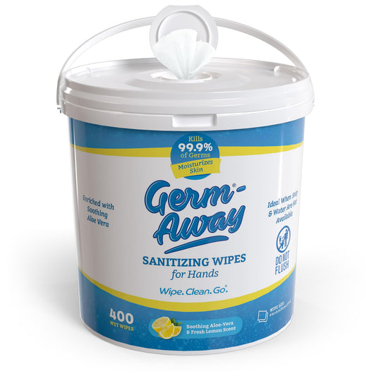 Germ-Away Lemon Wipes in dispensing bucket for easy access