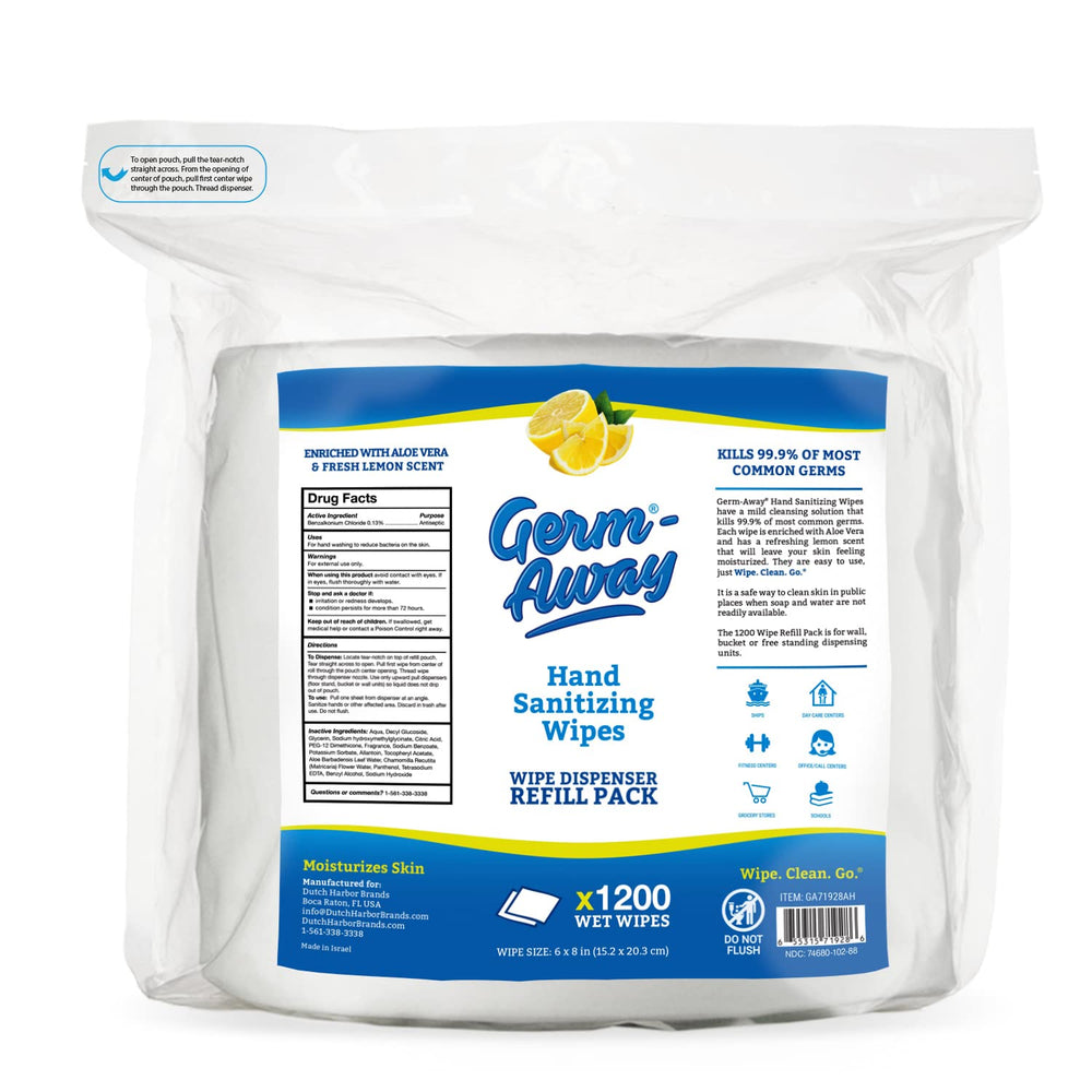 Germ-Away perforated 6x8 inch wipes for easy, one-handed use.