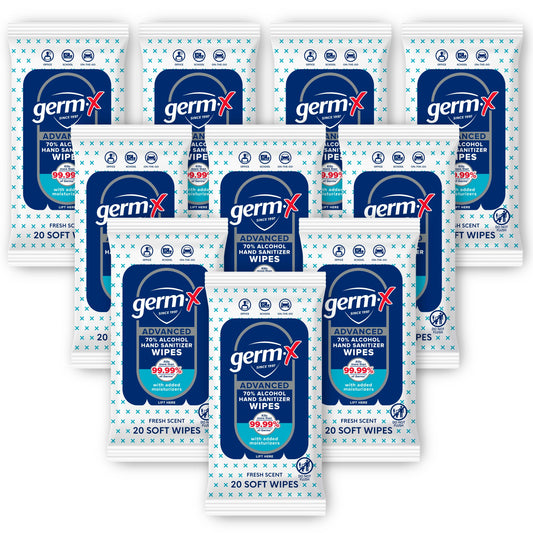 Germ-X Advanced Hand Sanitizer Wipes pack open for on-the-go use.
