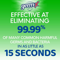 Germ-X Hand Sanitizer bottle with pump cap enables easy one-handed use.