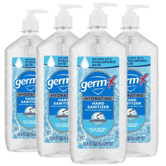Germ-X Hydrating Hand Sanitizer bottle pump showing quick germ kill action.