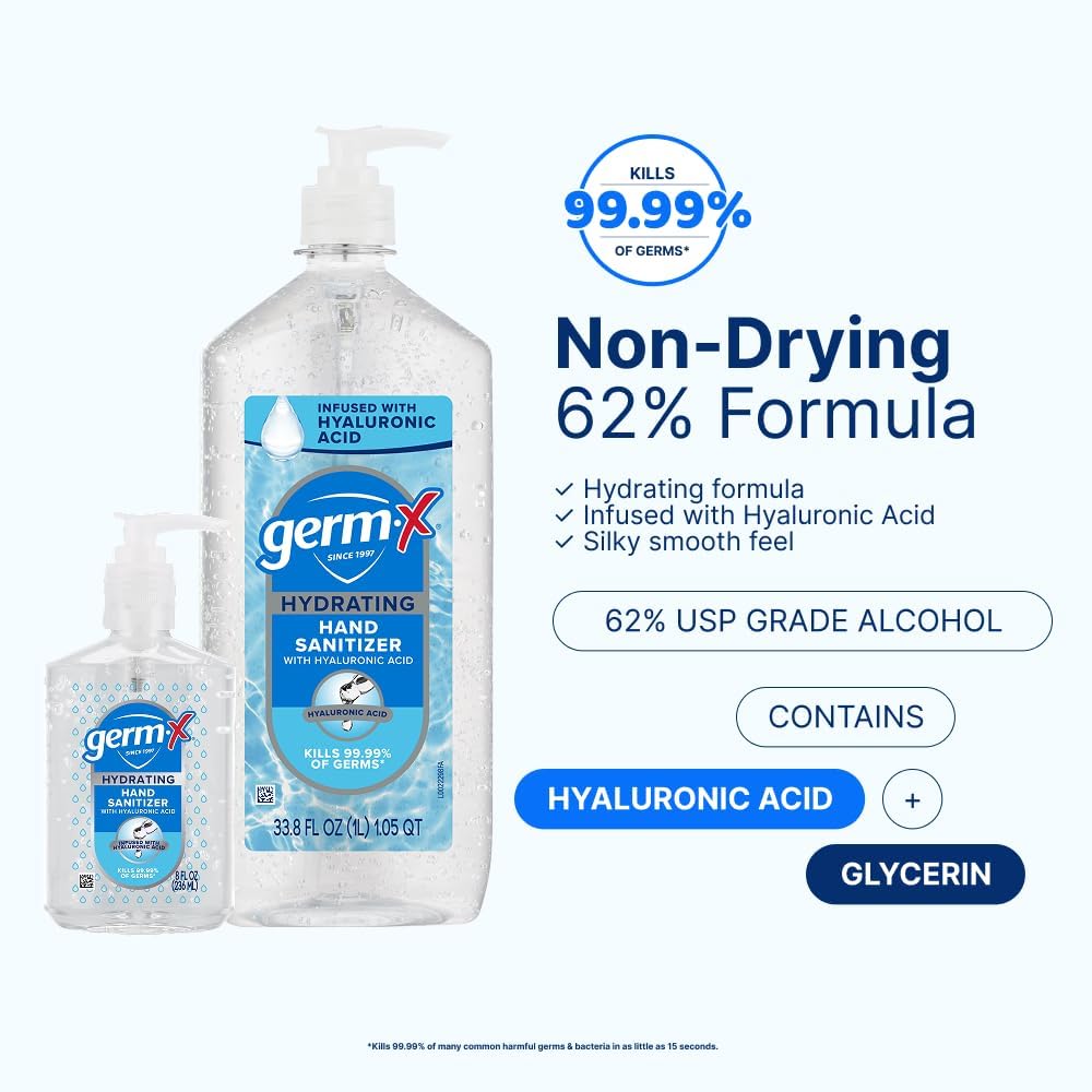 Bulk Germ-X bottles placed in a lobby or classroom scene for high-traffic use.