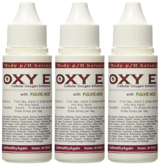 Get Healthy Again Oxy E 3 Pack bottle highlighting mineral blend for cellular oxygen support