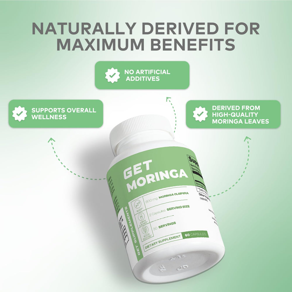 GET Supplements Moringa capsules on spoon show convenient daily dosing.