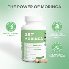 GET Supplements Moringa leaves close-up illustrates pure plant source and nourishment.