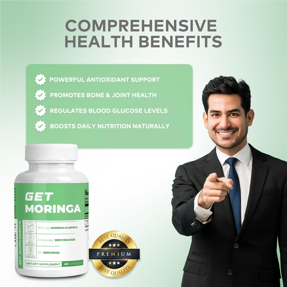 GET Supplements Moringa lifestyle shot suggests skin vitality and antioxidant support.
