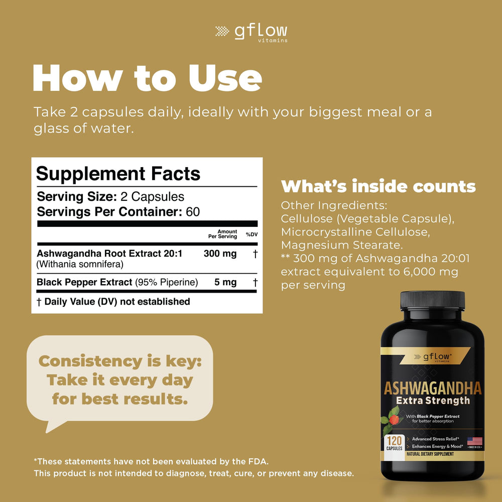 Gflow Ashwagandha ingredients panel highlights vegan and non-GMO features.
