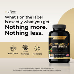 Gflow Ashwagandha bottle with black pepper extract label for better absorption.