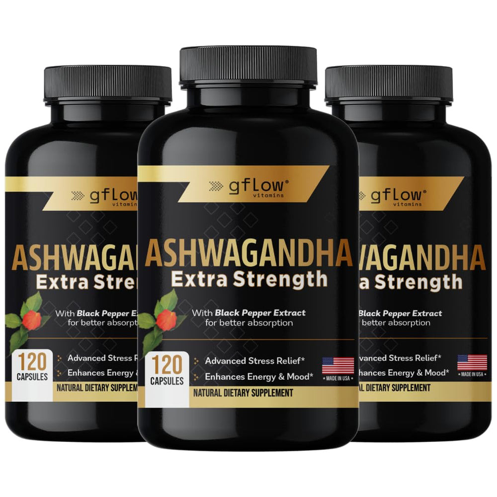 Gflow Vitamins Ashwagandha capsules bottle shown for daily mood and energy support.