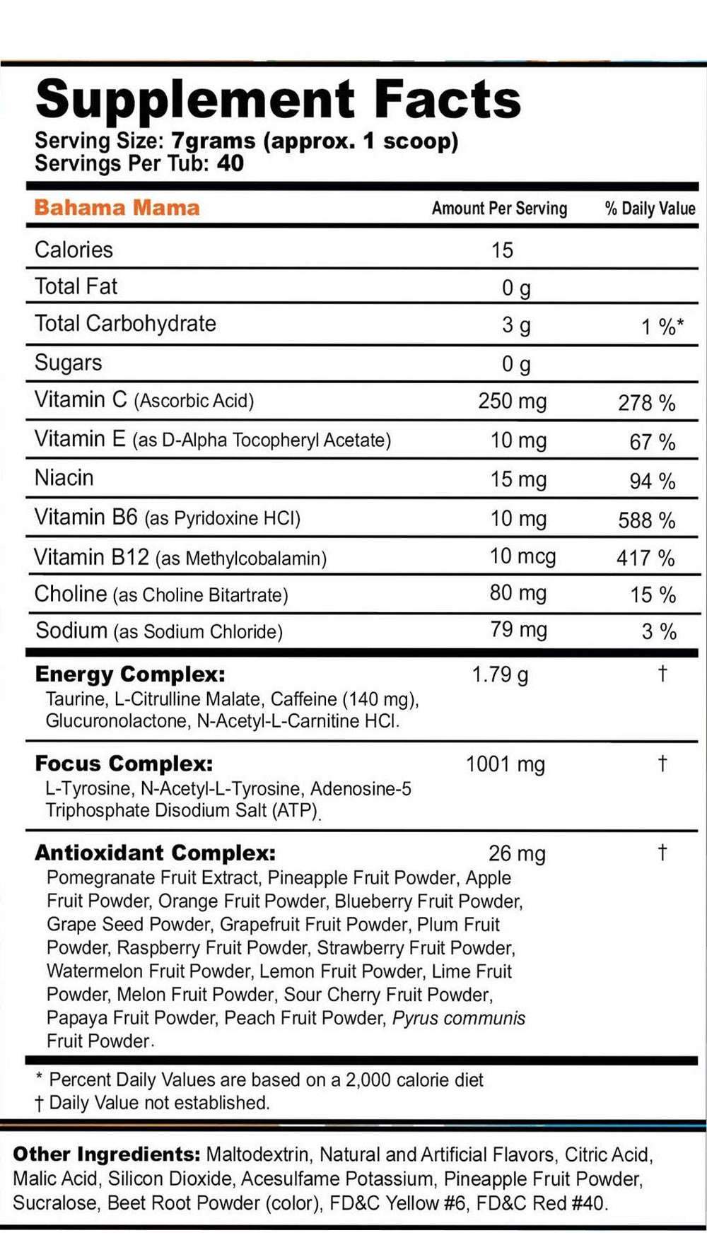 G Fuel Bahama Mama label close-up highlighting zero sugar energy and antioxidants