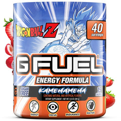 G Fuel Dragon Ball Z energy drink powder tub front view highlighting gaming focus.