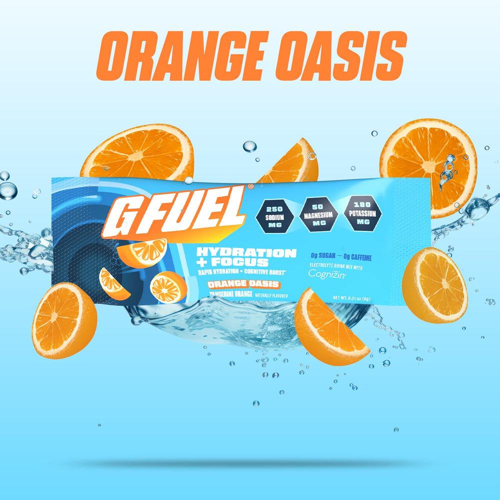 G Fuel Electrolytes Orange Oasis packet ready to mix hydration on the go.
