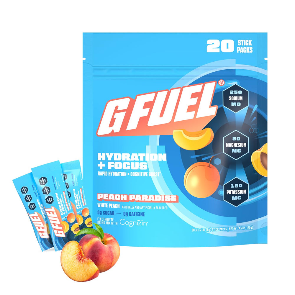 G Fuel electrolytes peach tub front shows sugar-free hydration and focus.