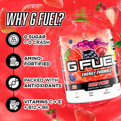 G Fuel Fruit Punch packaging display emphasizes flavor appeal and reliable branding