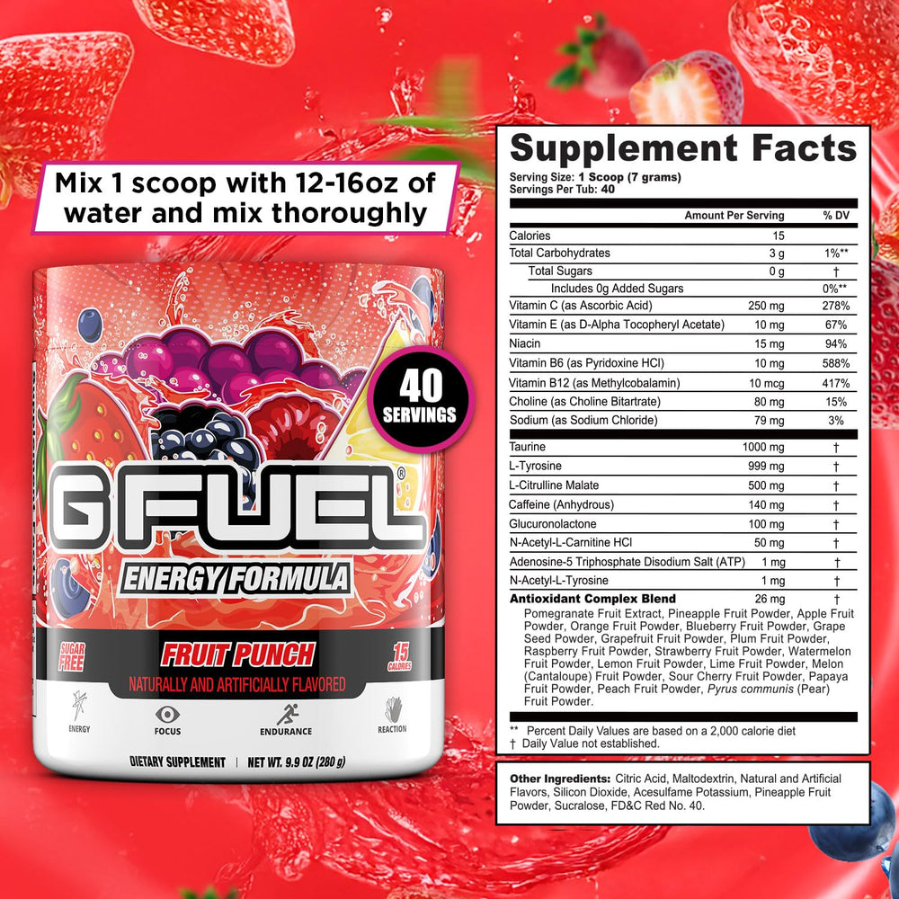 G Fuel Fruit Punch pouring into glass demonstrates an energizing ritual for longer play