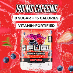 G Fuel Fruit Punch scoop and tub show convenient serving for focused workouts