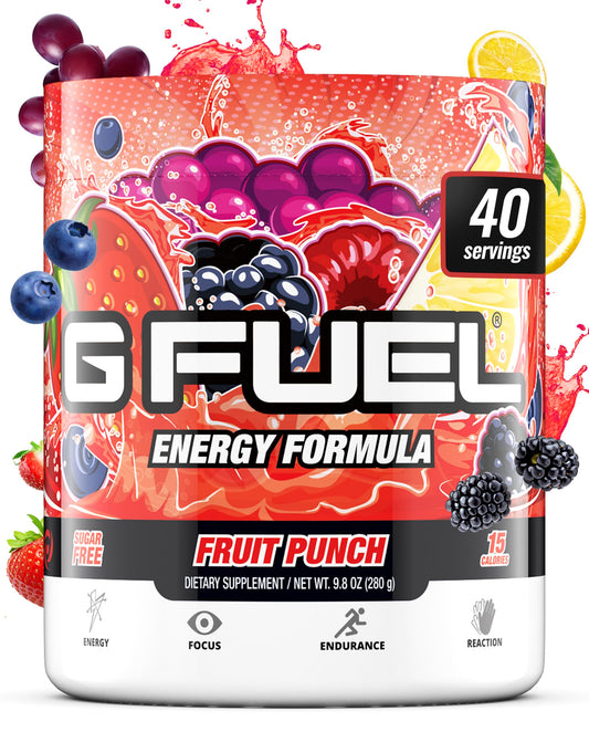 G Fuel Fruit Punch tub close-up showing powder for quick energy