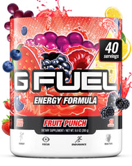 G Fuel Fruit Punch tub close-up showing powder for quick energy