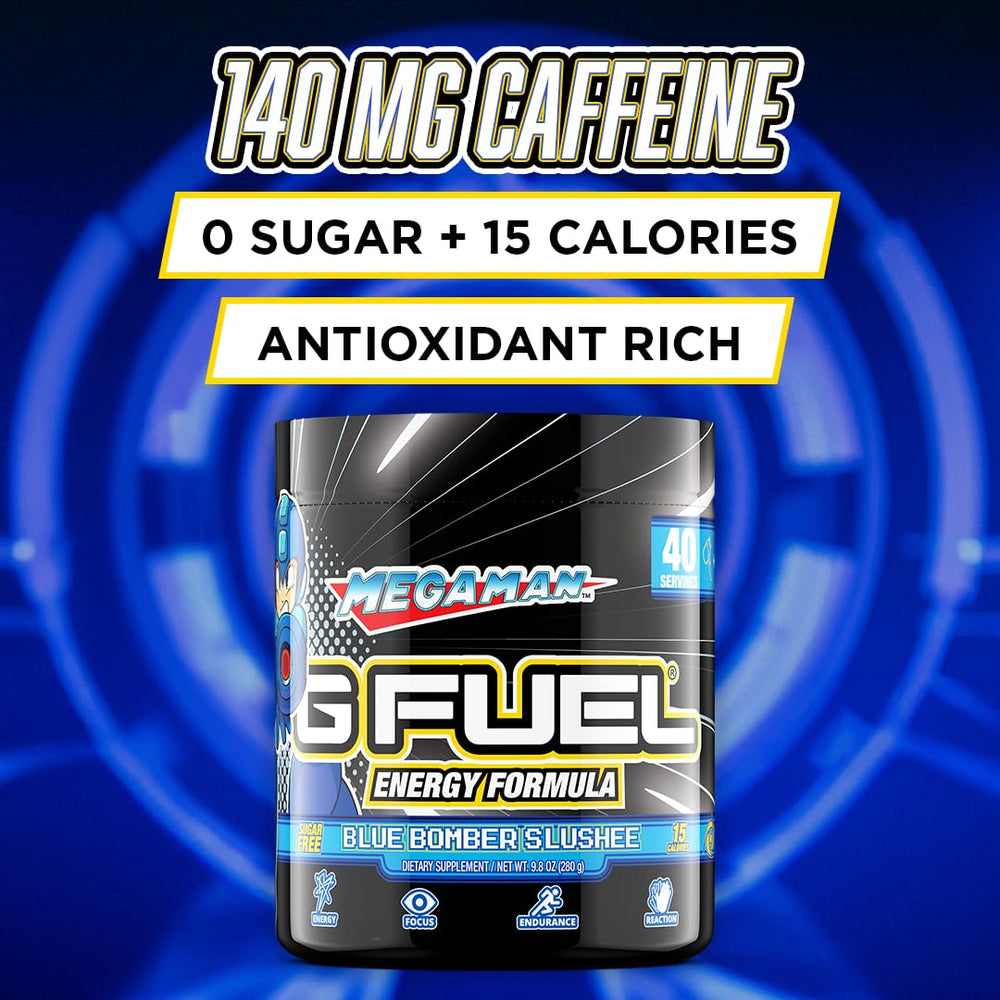 G Fuel Megaman Blue Slushee glass showing refreshing energy without sugar