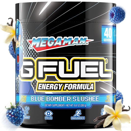 G Fuel Megaman Blue Slushee tub for sugar-free energy during long gaming sessions