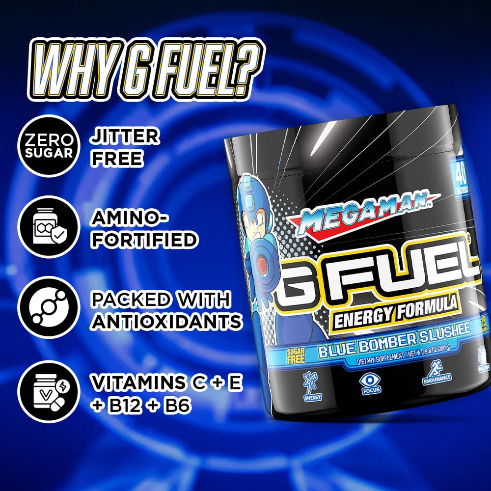 G Fuel Megaman caffeine focus graph illustrating 140 mg caffeine and mental clarity