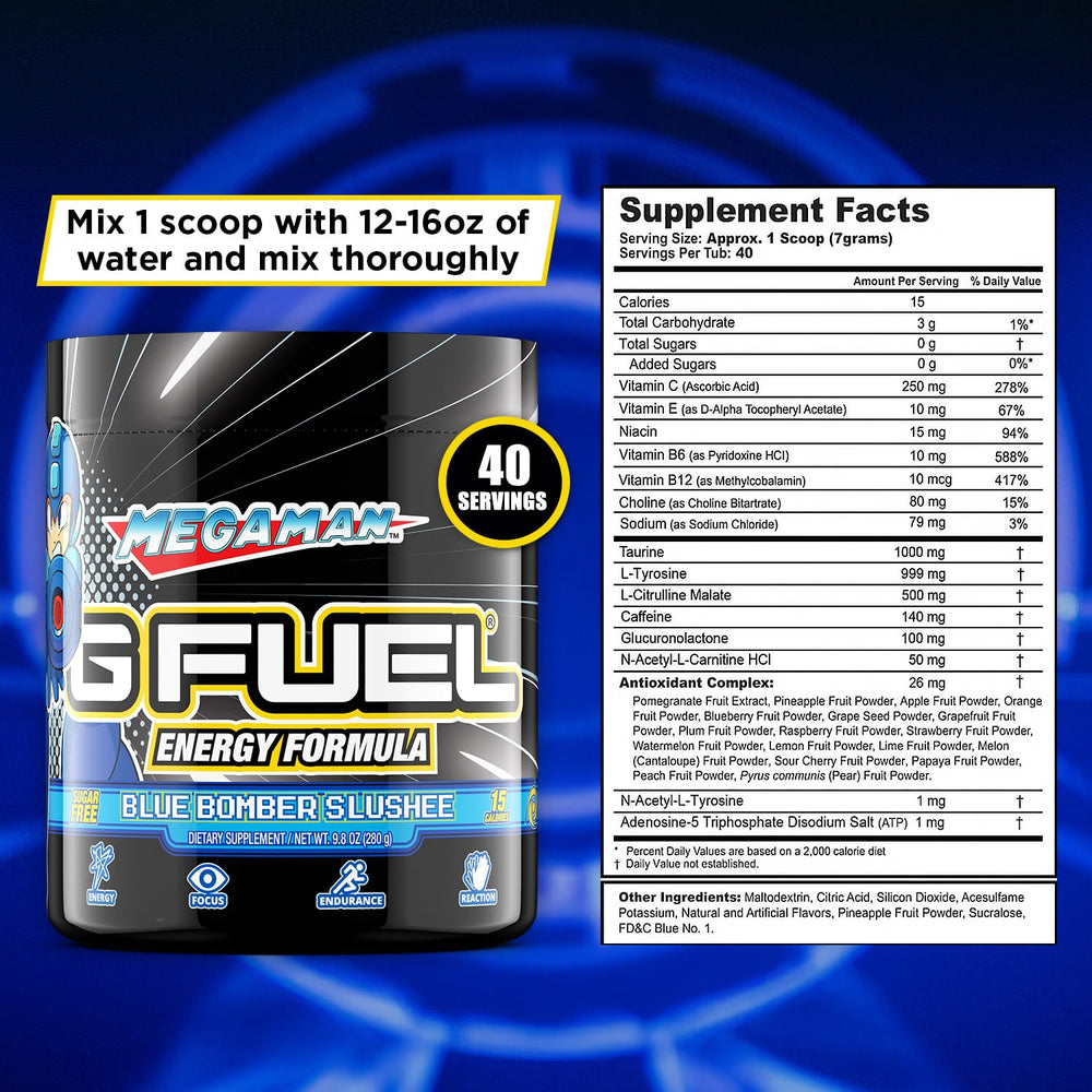 G Fuel Megaman powder scoop ready for quick pre workout style boost