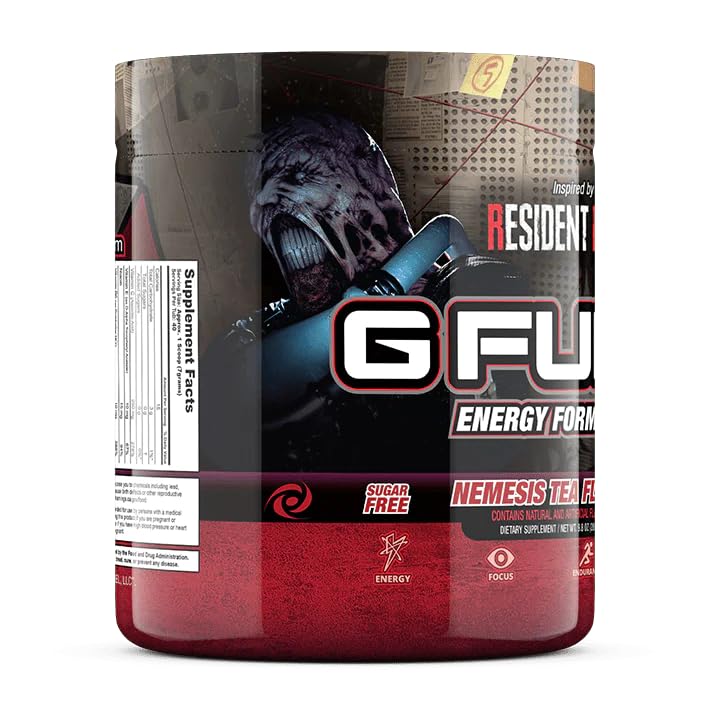 G Fuel Nemesis Tea serving scoop near tub invites quick, zero-sugar energy refresh.