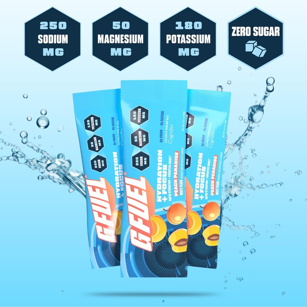 G Fuel peach flavor ingredient label highlights sugar-free formula.