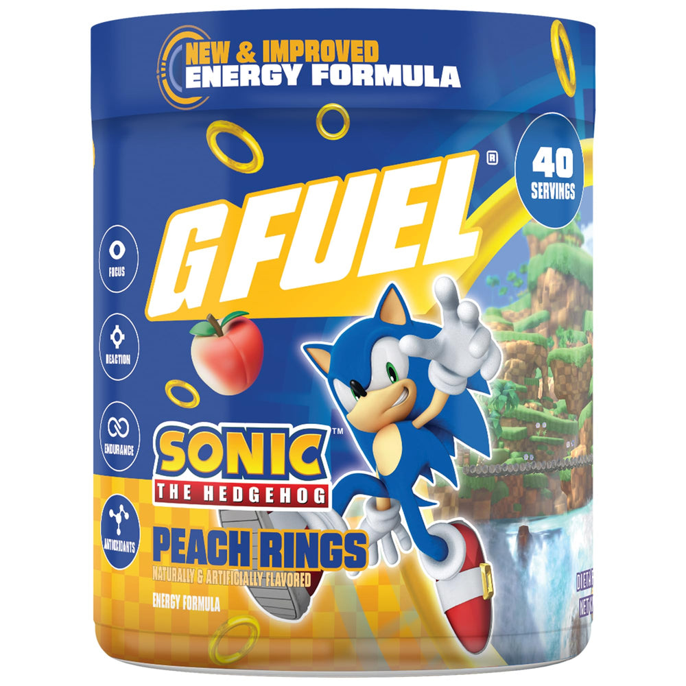 G Fuel Sonic 2.0 peach rings powder tub for flavorful energy before gaming.