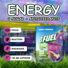 G Fuel Touch Grass being poured into a glass for a sugar-free energy and focus boost during gaming.