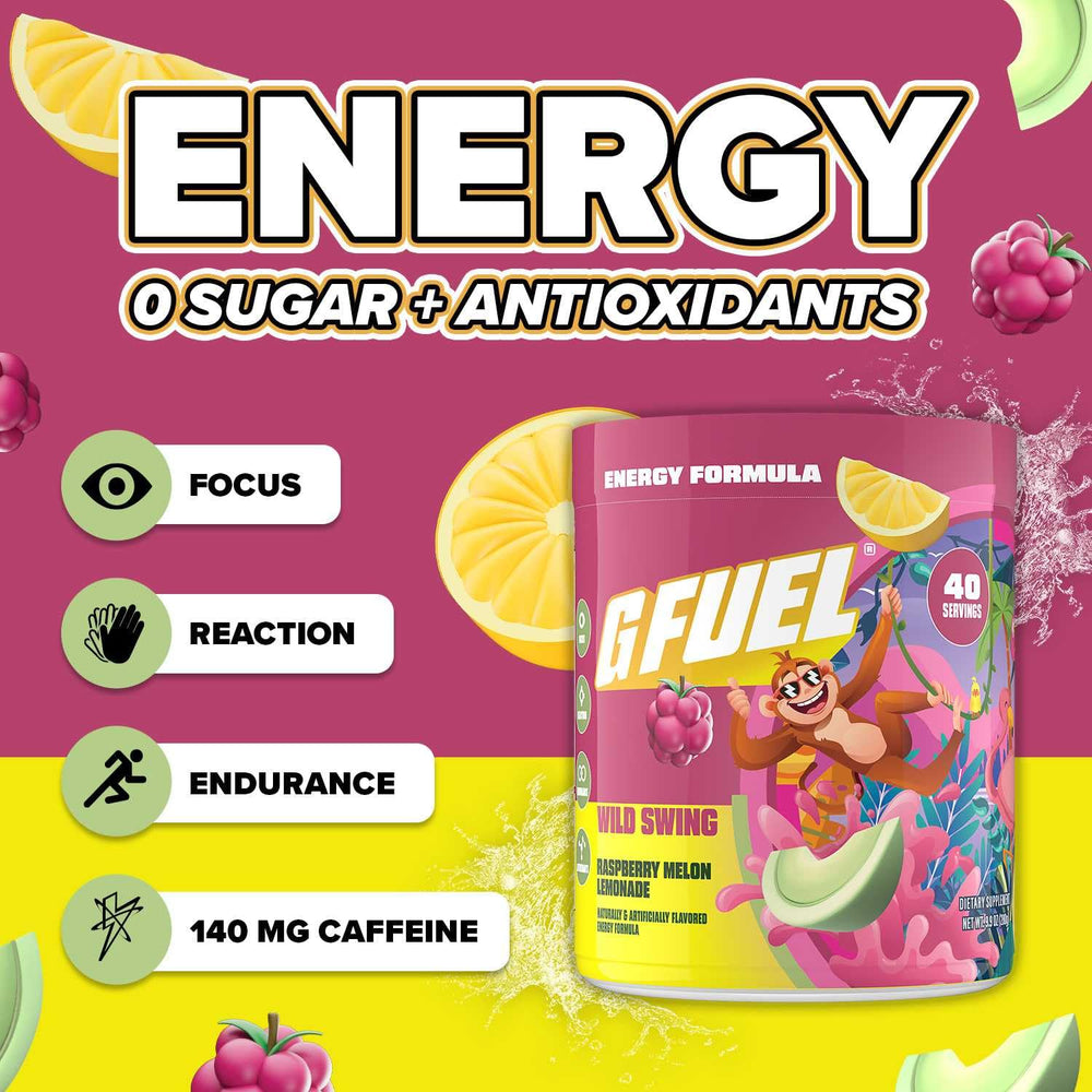 G Fuel Wild Swing tub closeup highlights antioxidants and vitamins for daily focus.