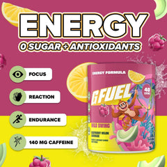 G Fuel Wild Swing tub closeup highlights antioxidants and vitamins for daily focus.
