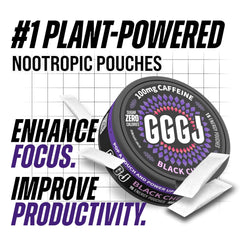 GGGJ Black Cherry pouch close-up highlighting convenient, sugar-free energy.