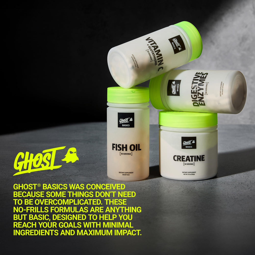 GHOST Basics Creatine pictured with Legend and Pump for stacking ideas.