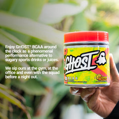 Ghost BCAA Lemon Crush label displays transparent dosing and vegan-friendly ingredients
