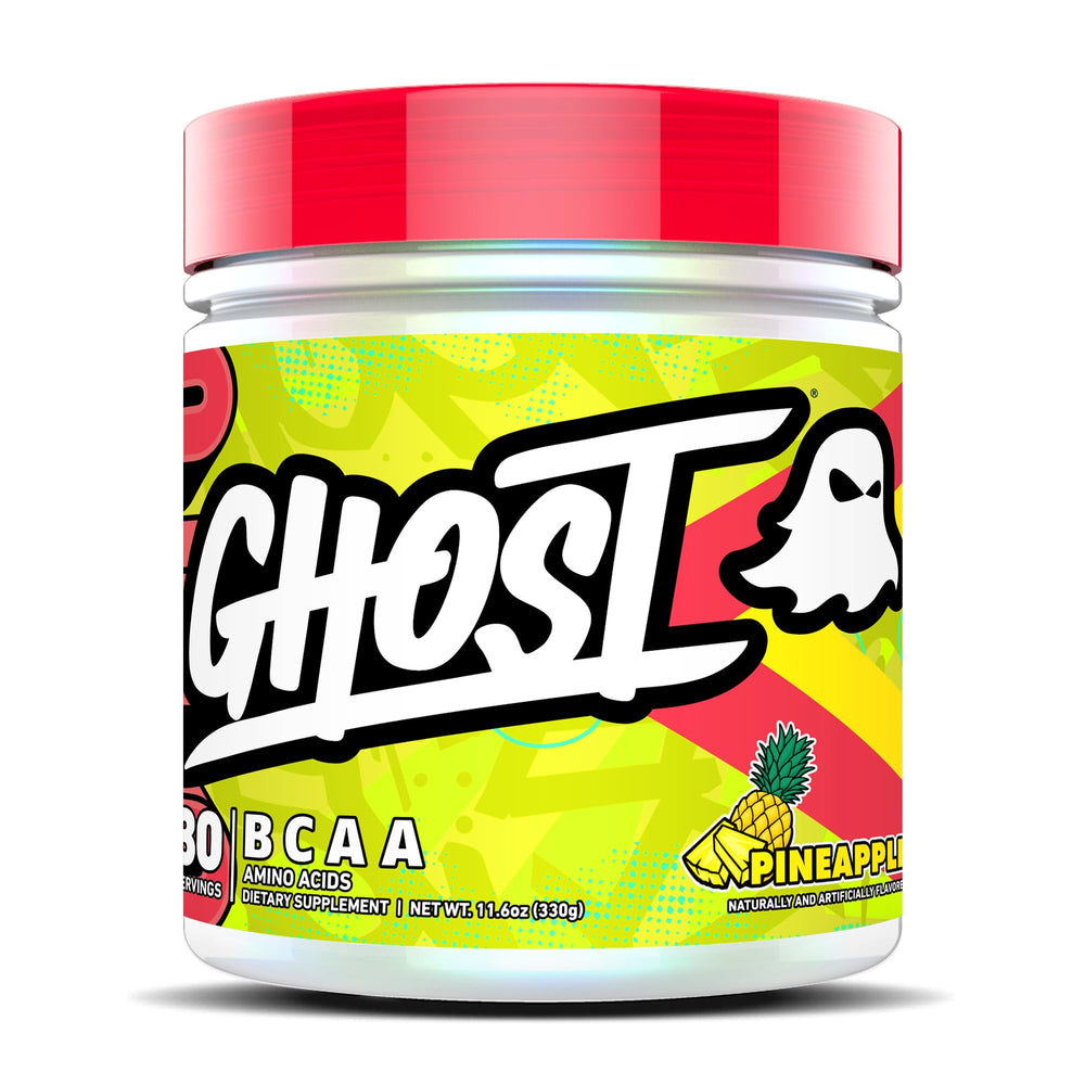Ghost BCAA Pineapple tub with transparent label clearly showing dosage per serving.